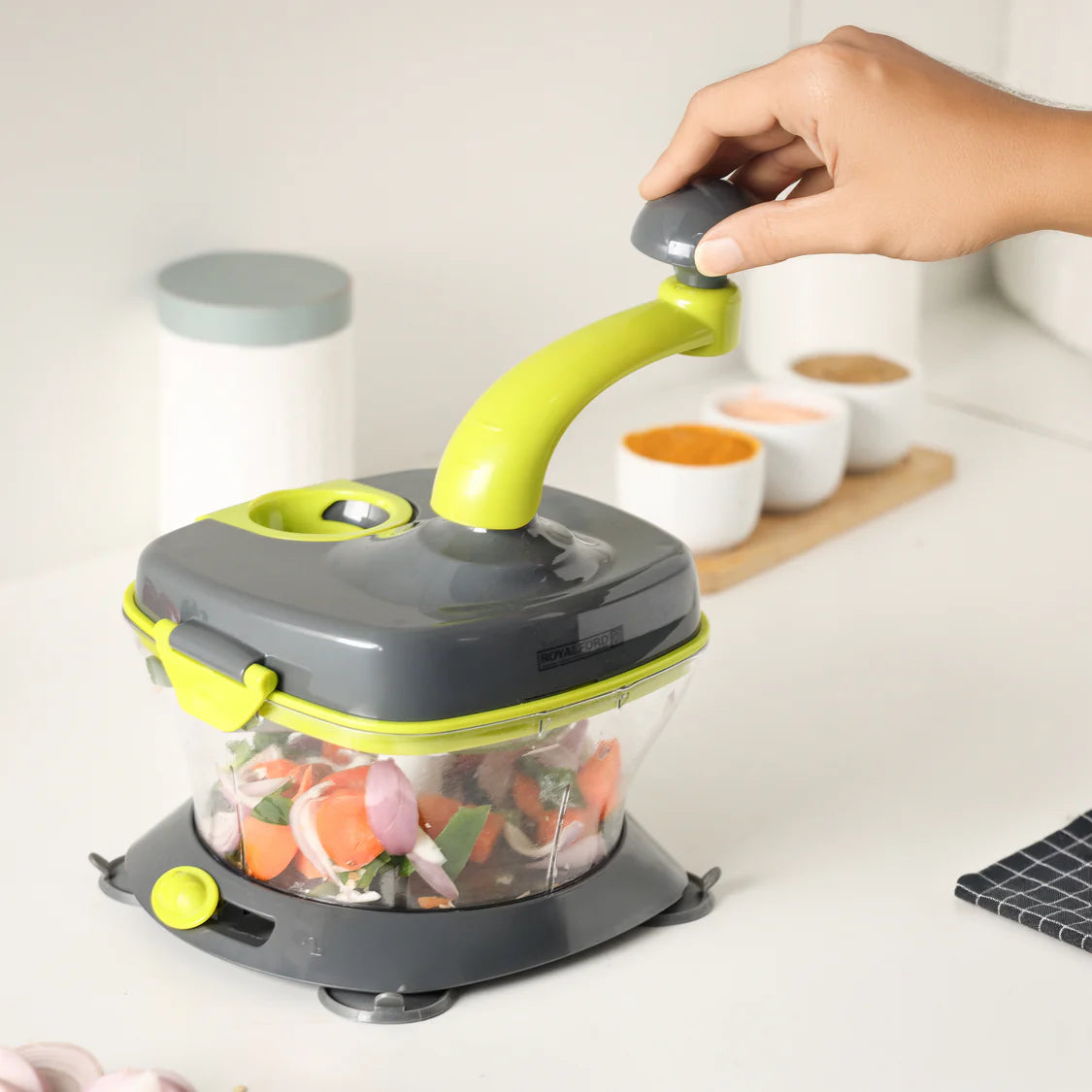 Royalford Master Chopper | Multi-Purpose Manual Food Processor | Chopper, Beater & Spinner | Egg White Separator | Safety Lock | Easy Vegetable Chopping ( RFU9042)