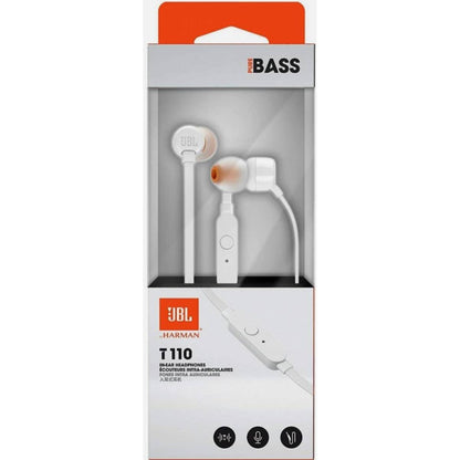 JBL TUNE T110 By Harman - In-Ear Headphone with One-Button Remote JBL Pure Bass Sound Plug: 3.5mm Dynamic Driver: 9mm  - White