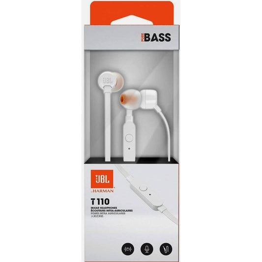 JBL TUNE T110 By Harman - In-Ear Headphone with One-Button Remote JBL Pure Bass Sound Plug: 3.5mm Dynamic Driver: 9mm  - White