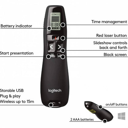 Logitech R700 Wireless Presentation Remote, 2.4 GHz with Nano USB-Receiver, Red Laser Pointer, Slideshow Buttons, 30-Meter Operating Range, LCD-Display for Time Tracking, 6 Buttons, for PC - Black