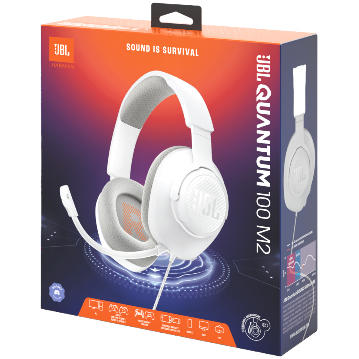 JBL Quantum 100M2 - Wired Over-Ear Gaming Headset with omnidirectional, Detachable mic with Mute Option and Fabric-Covered Memory Foam Ear Cushions, Compatible with All Platforms (White)