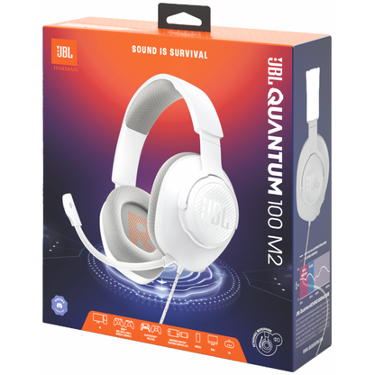 JBL Quantum 100M2 - Wired Over-Ear Gaming Headset with omnidirectional, Detachable mic with Mute Option and Fabric-Covered Memory Foam Ear Cushions, Compatible with All Platforms (White)