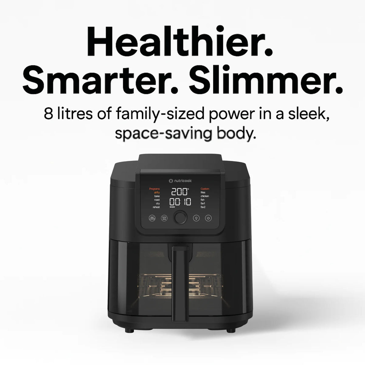Nutricook Air Fryer Slim XXL 8L – Space-Saving Design with 10 Cooking Programs, Quiet 55dB Operation, Healthy Ceramic Coating, See-Through Window, Large Capacity, AFS330, 1700W, Black, 2-Year Warranty