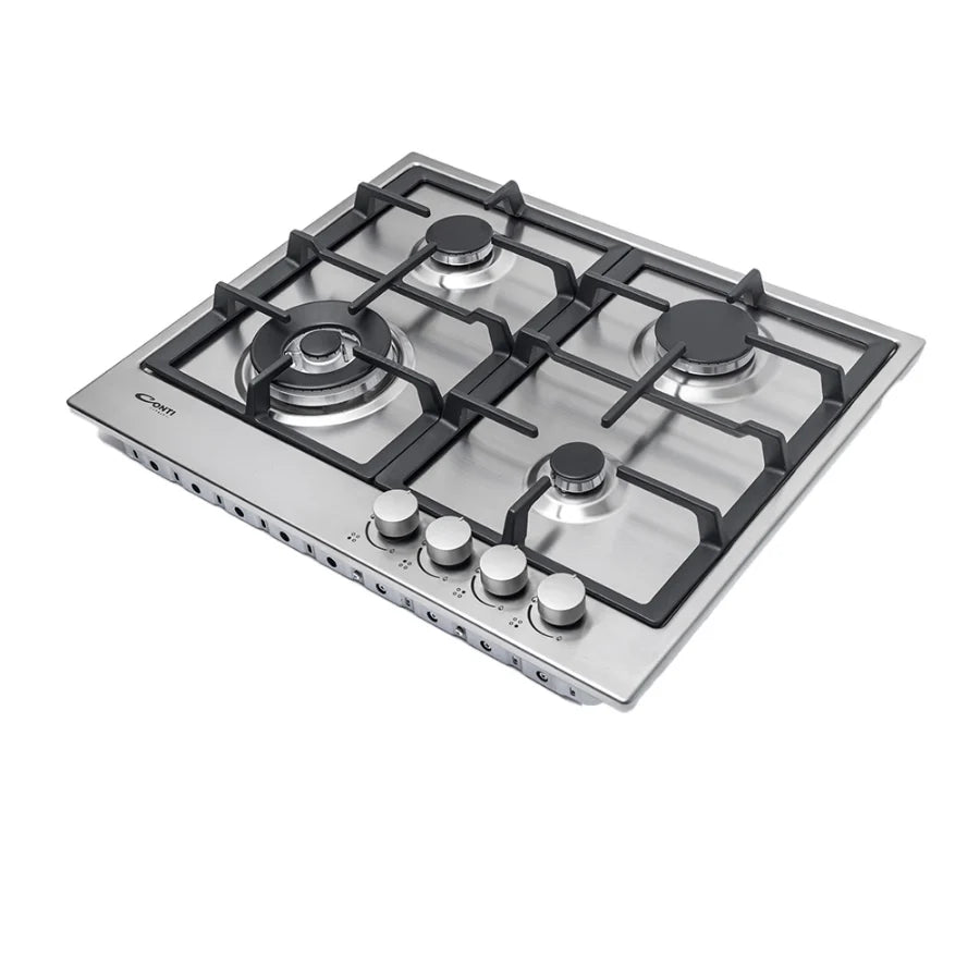 Conti HGF-64012-IX Built-In 60cm Gas Hob with 4 Burners & Heavy-Duty Cast Iron Pan Supports - Stainless Steel
