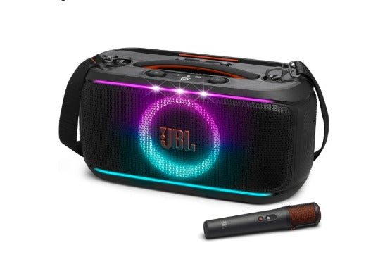 JBL PartyBox On-The-Go 2 - Portable Party Speaker with one Wireless Digital mic, Handle and a Shoulder Strap, Dynamic lightshow, Up to 15 Hours Playtime, Splash Proof &amp; Auracast™ (Black)