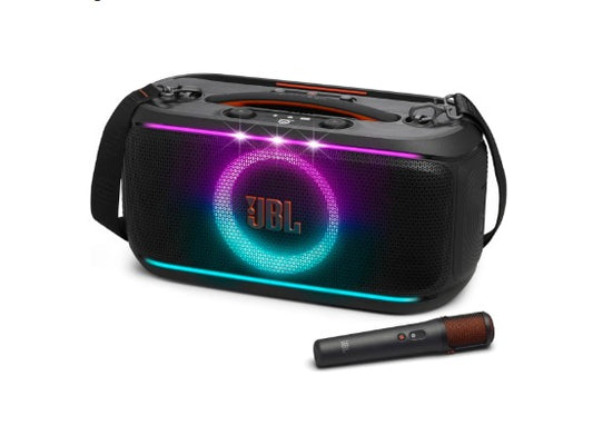 JBL PartyBox On-The-Go 2 - Portable Party Speaker with one Wireless Digital mic, Handle and a Shoulder Strap, Dynamic lightshow, Up to 15 Hours Playtime, Splash Proof &amp; Auracast™ (Black)
