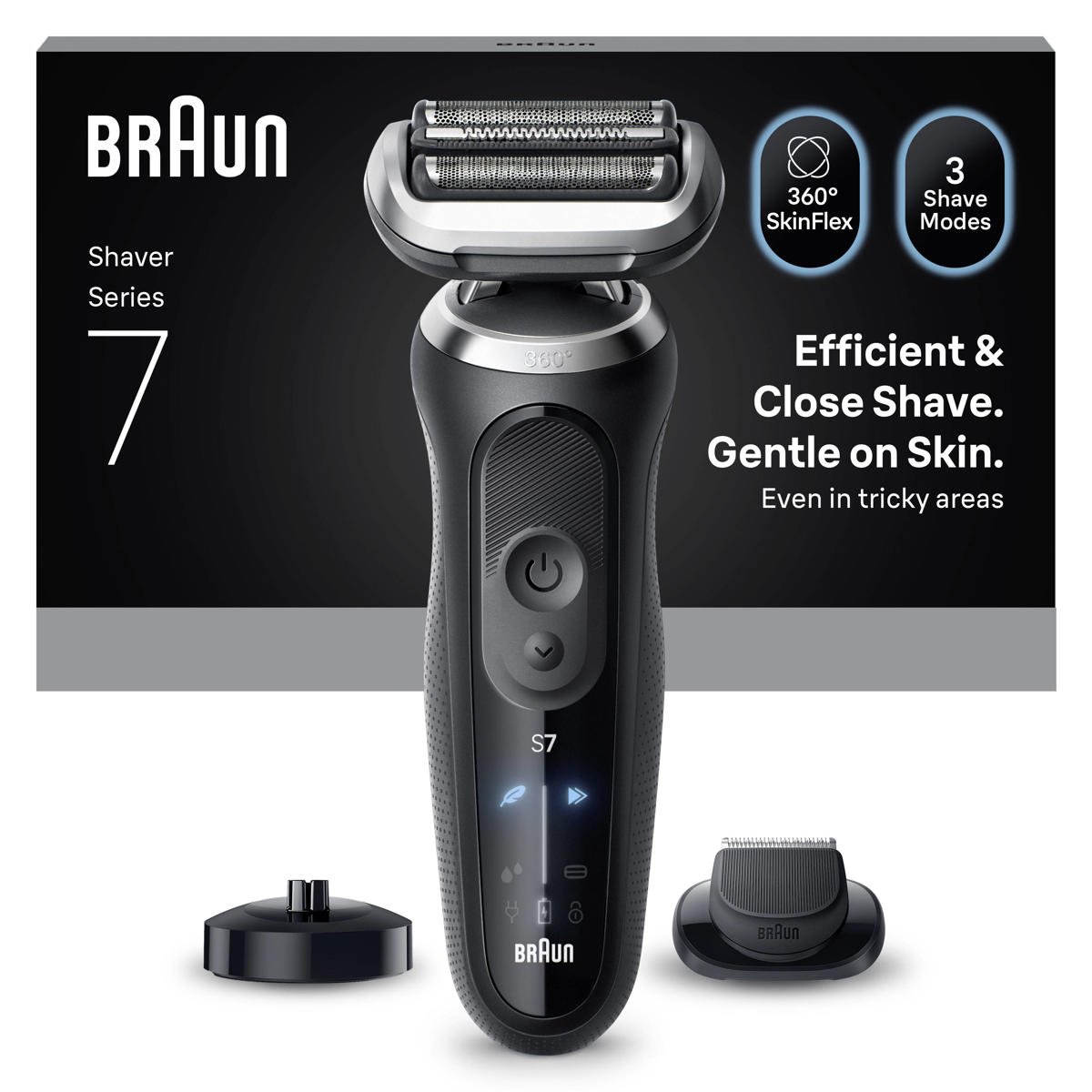 Braun Series 7 Electric Shaver, Up to 60 Minutes, Charging Stand, +1 Attachment, Wireless Wet and Dry Shaver for Men, 100% Waterproof, 72-N4200s, Black