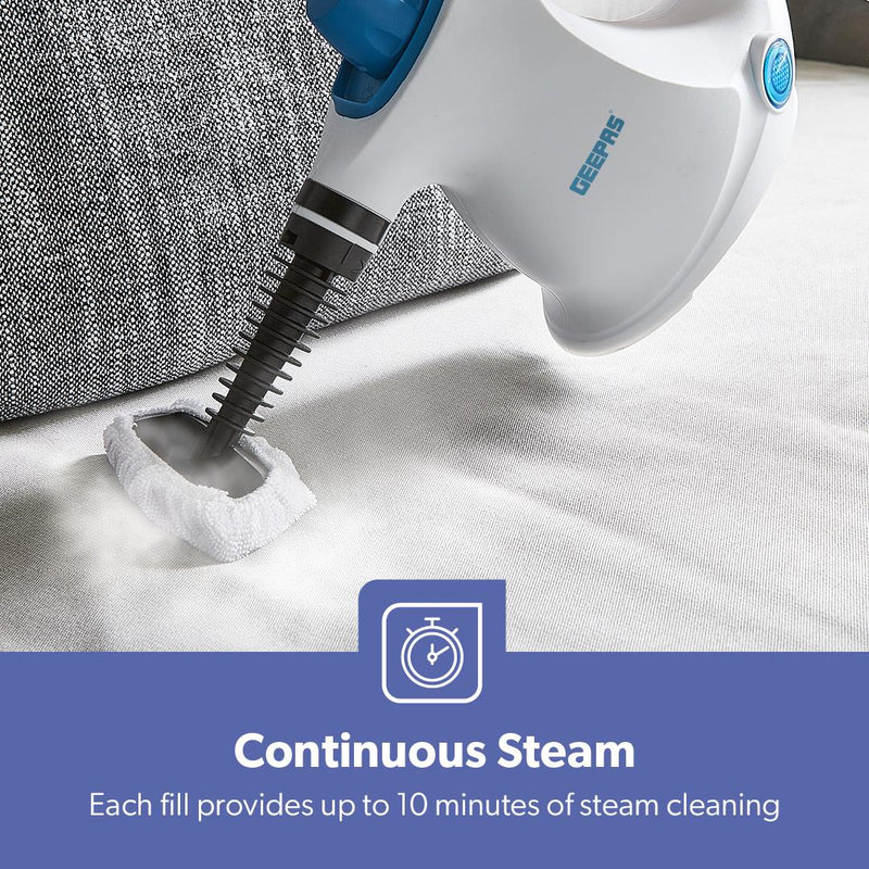 Geepas GSC63064UK Handheld Steam Cleaner – 1050W, 380ml Water Tank, 9 Accessories, 110°C Steam Temperature, Lightweight & Portable, Blue and White