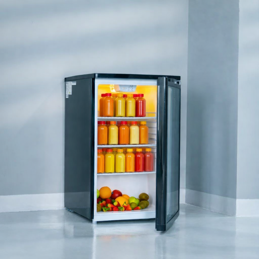 Geepas GSC1601BE 165L Showcase Chiller – CFC-Free R600a, Adjustable Thermostat, Lock & Key, Low Noise, Outside Condenser, Efficient Compressor, Glass Door, Black
