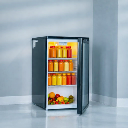 Geepas GSC1601BE 165L Showcase Chiller – CFC-Free R600a, Adjustable Thermostat, Lock & Key, Low Noise, Outside Condenser, Efficient Compressor, Glass Door, Black