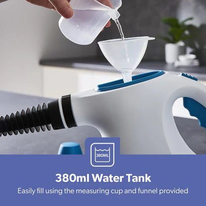 Geepas GSC63064UK Handheld Steam Cleaner – 1050W, 380ml Water Tank, 9 Accessories, 110°C Steam Temperature, Lightweight & Portable, Blue and White