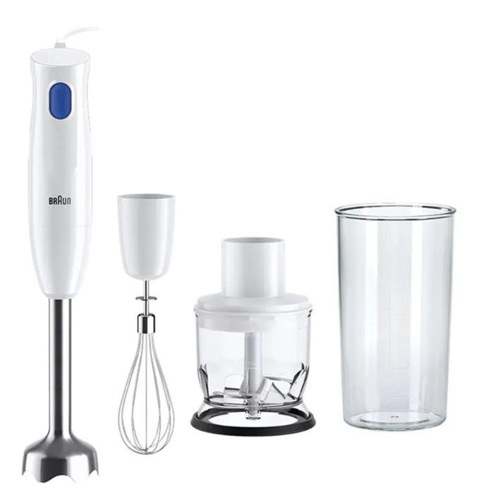 Braun MultiQuick 1 Hand Blender, 450 Watts, Easy 1-Speed, Chopper 350ml, Whisk, Lightweight, 600 ml BPA-Free Plastic Beaker, Dishwasher Safe, White – MQ 10.202M WH