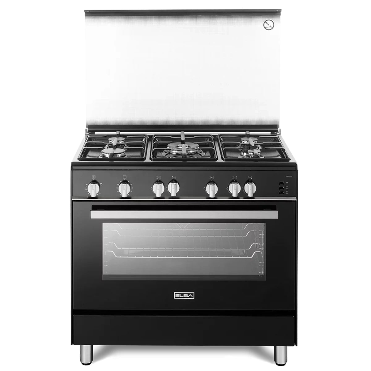 Elba Gas Cooker 90 cm Black Design Cast iron pan supports 5 gas burners Full Safety with Fan
