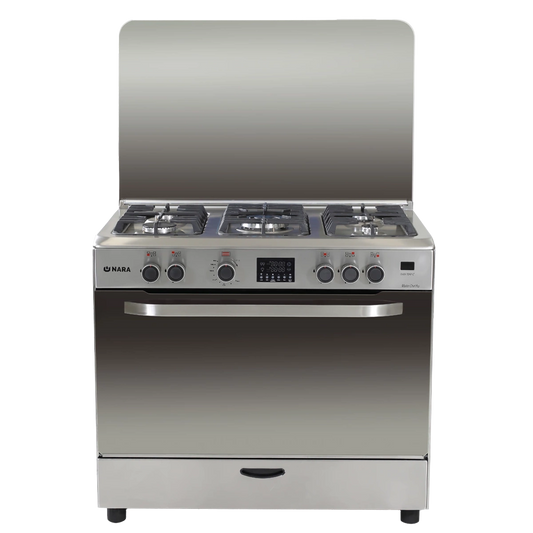 Nara Gas Cooker 90 cm 5 Gas Burners Matt Stainless steel Cast Iron Pan Support With Cooling Fan