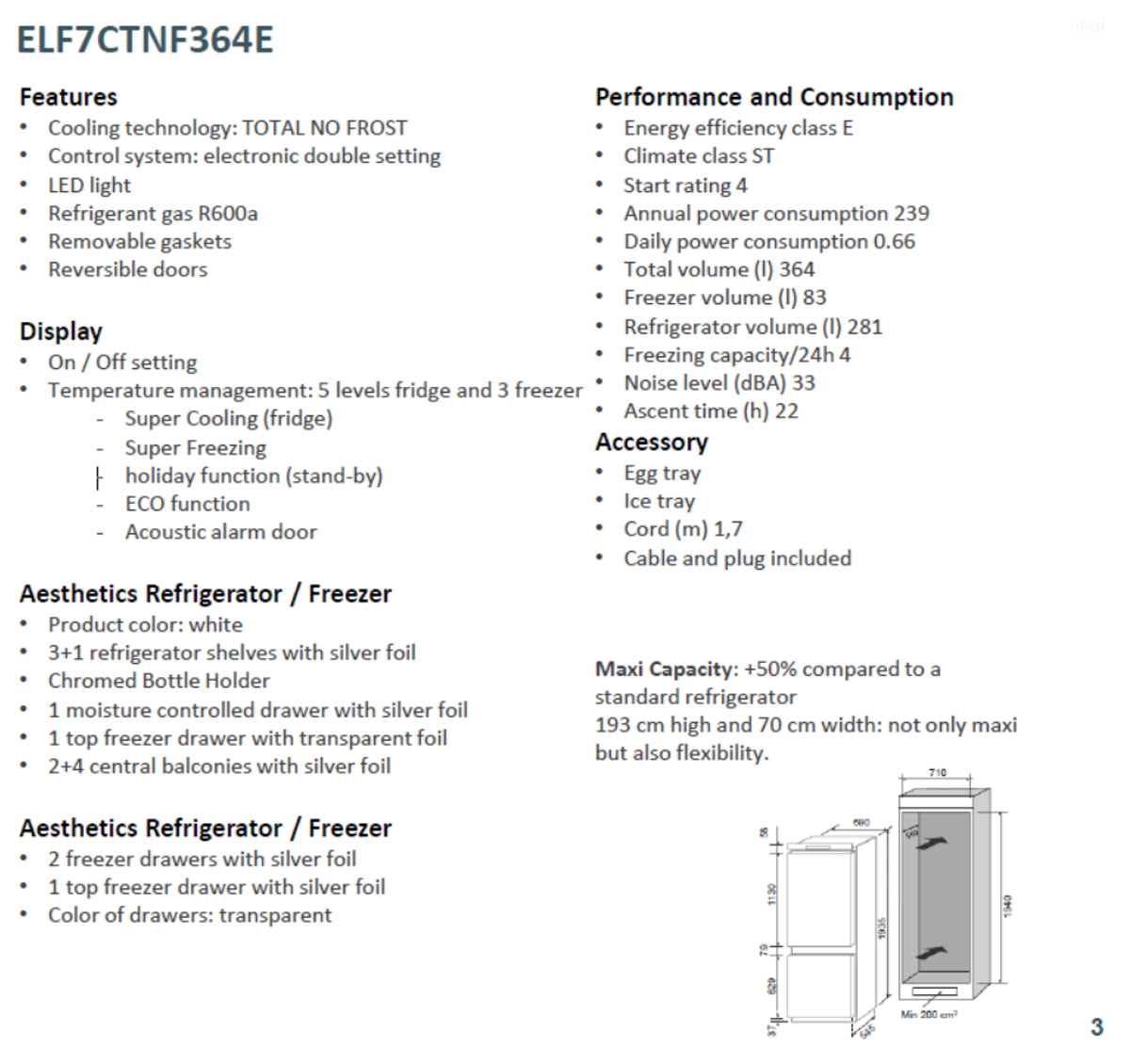 Elba Refrigerator Built-in 364 L With Humidity control and ECO System