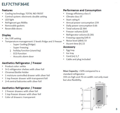 Elba Refrigerator Built-in 364 L With Humidity control and ECO System