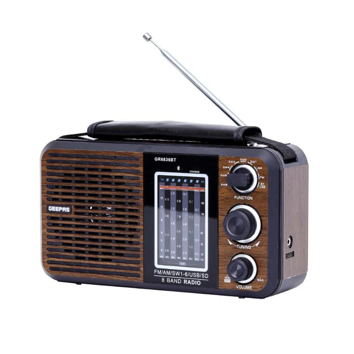 Geepas Rechargeable 8‑Band Bluetooth Radio Player GR6836 with USB/SD, AC/DC Power, and Built‑In Lithium Battery