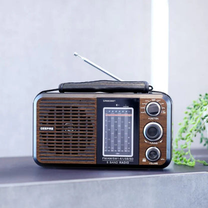 Geepas Rechargeable 8‑Band Bluetooth Radio Player GR6836 with USB/SD, AC/DC Power, and Built‑In Lithium Battery