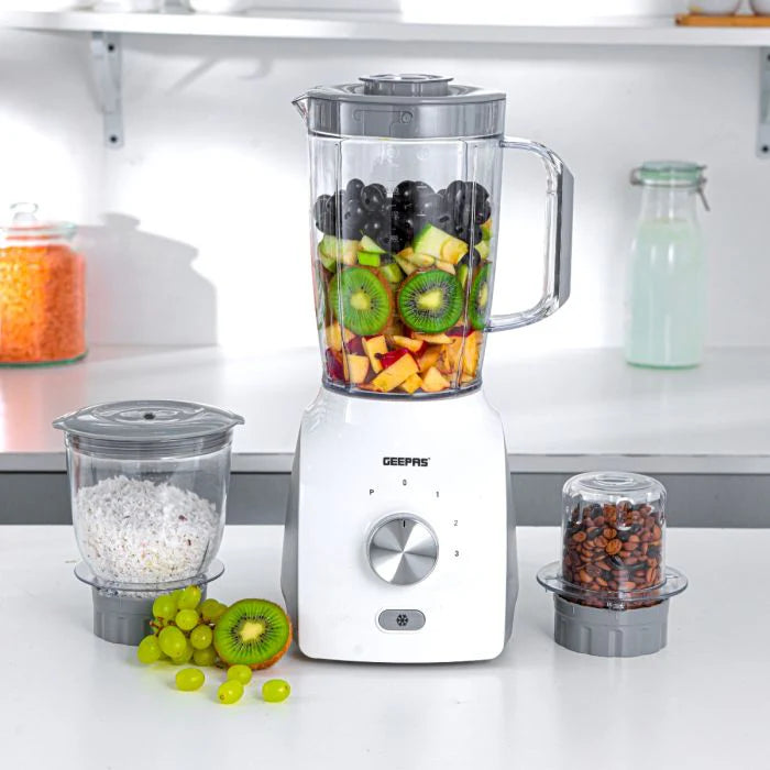 Geepas GSB44034N 3-in-1 Blender – 600W, Powerful Motor with 3 Speed & Pulse, Stainless Steel Blades, Grinder & Chopper Attachments, White & Grey