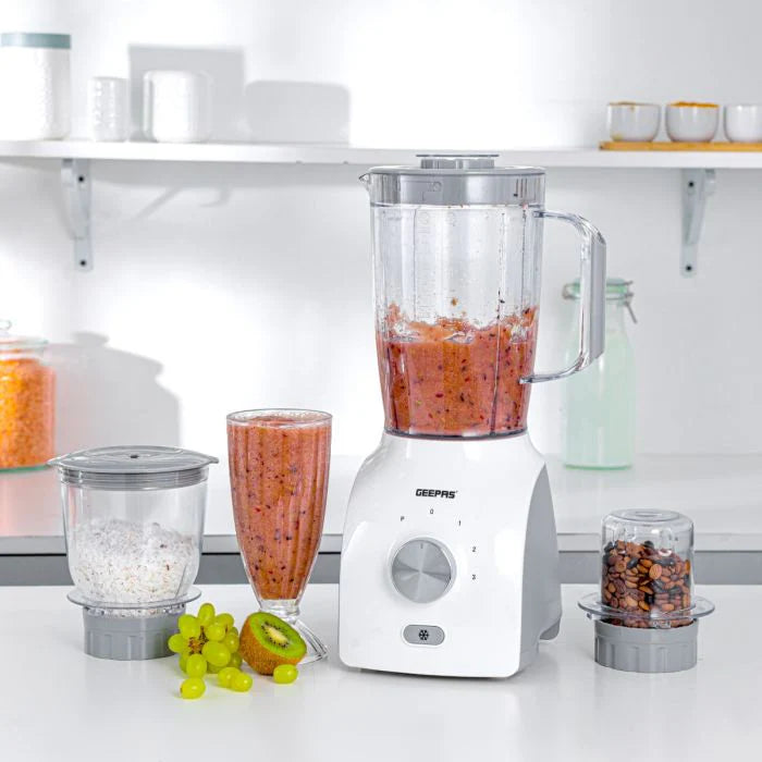 Geepas GSB44034N 3-in-1 Blender – 600W, Powerful Motor with 3 Speed & Pulse, Stainless Steel Blades, Grinder & Chopper Attachments, White & Grey