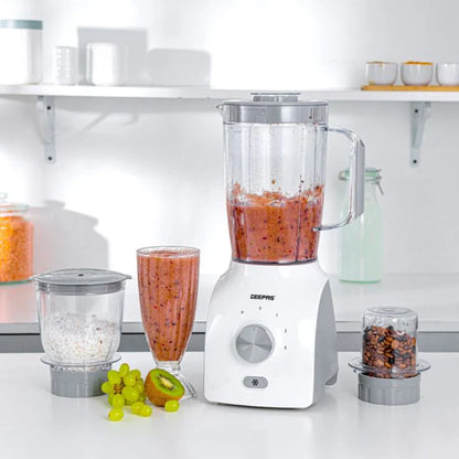 Geepas GSB44034N 3-in-1 Blender – 600W, Powerful Motor with 3 Speed & Pulse, Stainless Steel Blades, Grinder & Chopper Attachments, White & Grey