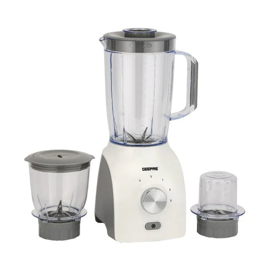 Geepas GSB44034N 3-in-1 Blender – 600W, Powerful Motor with 3 Speed & Pulse, Stainless Steel Blades, Grinder & Chopper Attachments, White & Grey