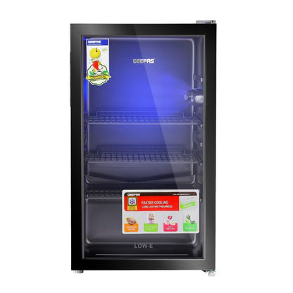 Geepas GSC1223 120L Showcase Chiller – Quick Cooling with Low-E Double Glass Door, Low Noise, Energy Efficient, Adjustable Wire Shelves, LED Interior Light, Black