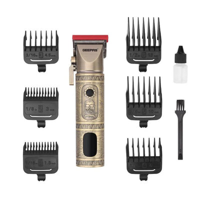 Geepas GTR56030 Professional Hair Clipper – Cordless & Corded, 200-Minute Runtime, Fast Charging Li-ion Battery, LED Display, 6 Combs + Protection Cap, Golden