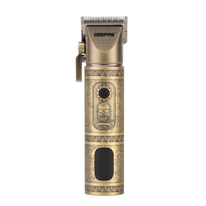Geepas GTR56030 Professional Hair Clipper – Cordless & Corded, 200-Minute Runtime, Fast Charging Li-ion Battery, LED Display, 6 Combs + Protection Cap, Golden