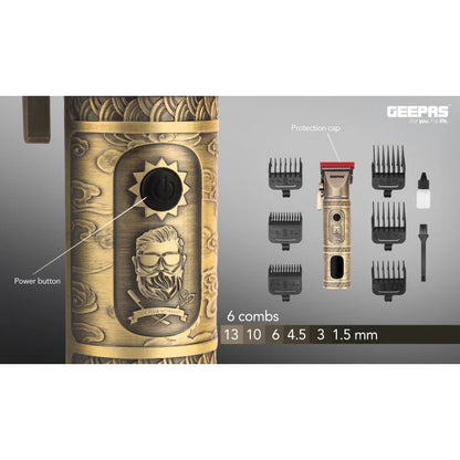 Geepas GTR56030 Professional Hair Clipper – Cordless & Corded, 200-Minute Runtime, Fast Charging Li-ion Battery, LED Display, 6 Combs + Protection Cap, Golden
