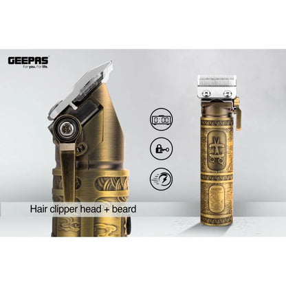 Geepas GTR56030 Professional Hair Clipper – Cordless & Corded, 200-Minute Runtime, Fast Charging Li-ion Battery, LED Display, 6 Combs + Protection Cap, Golden