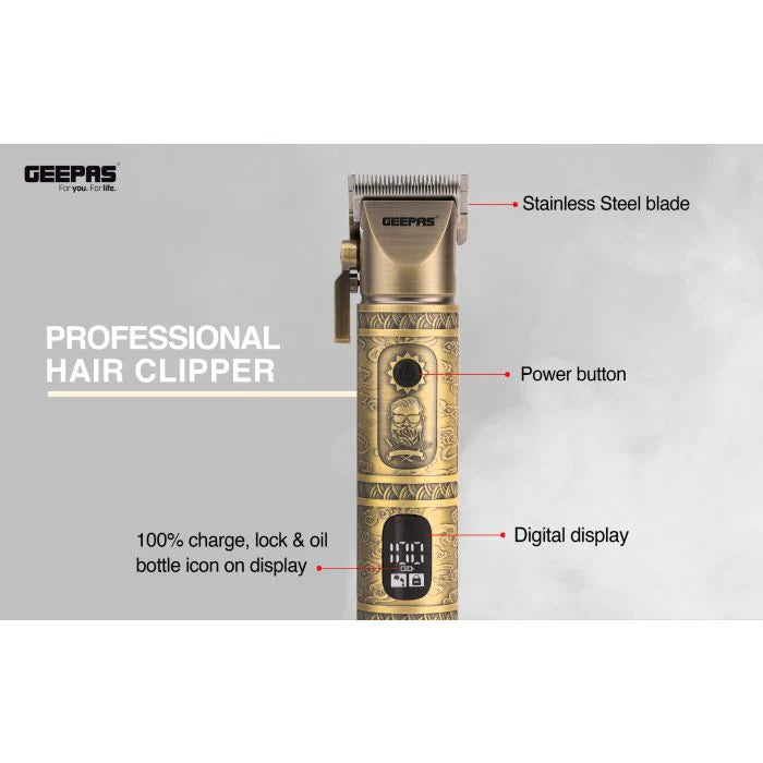 Geepas GTR56030 Professional Hair Clipper – Cordless & Corded, 200-Minute Runtime, Fast Charging Li-ion Battery, LED Display, 6 Combs + Protection Cap, Golden