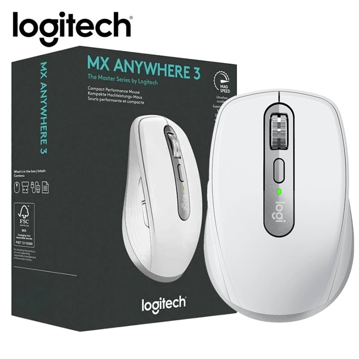 Logitech MX Anywhere 3s Compact Performance Re-chargeable Mouse, Wireless, Fast Scroll, Any Surface, Portable, 4000DPI, Customizable Buttons, USB-C Bluetooth - Pale Grey
