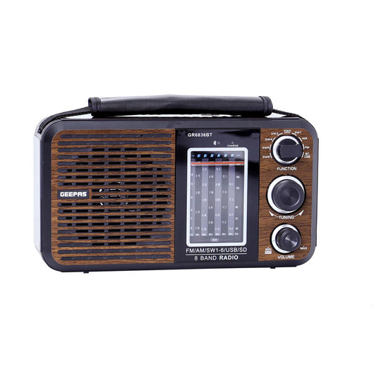 Geepas Rechargeable 8‑Band Bluetooth Radio Player GR6836 with USB/SD, AC/DC Power, and Built‑In Lithium Battery