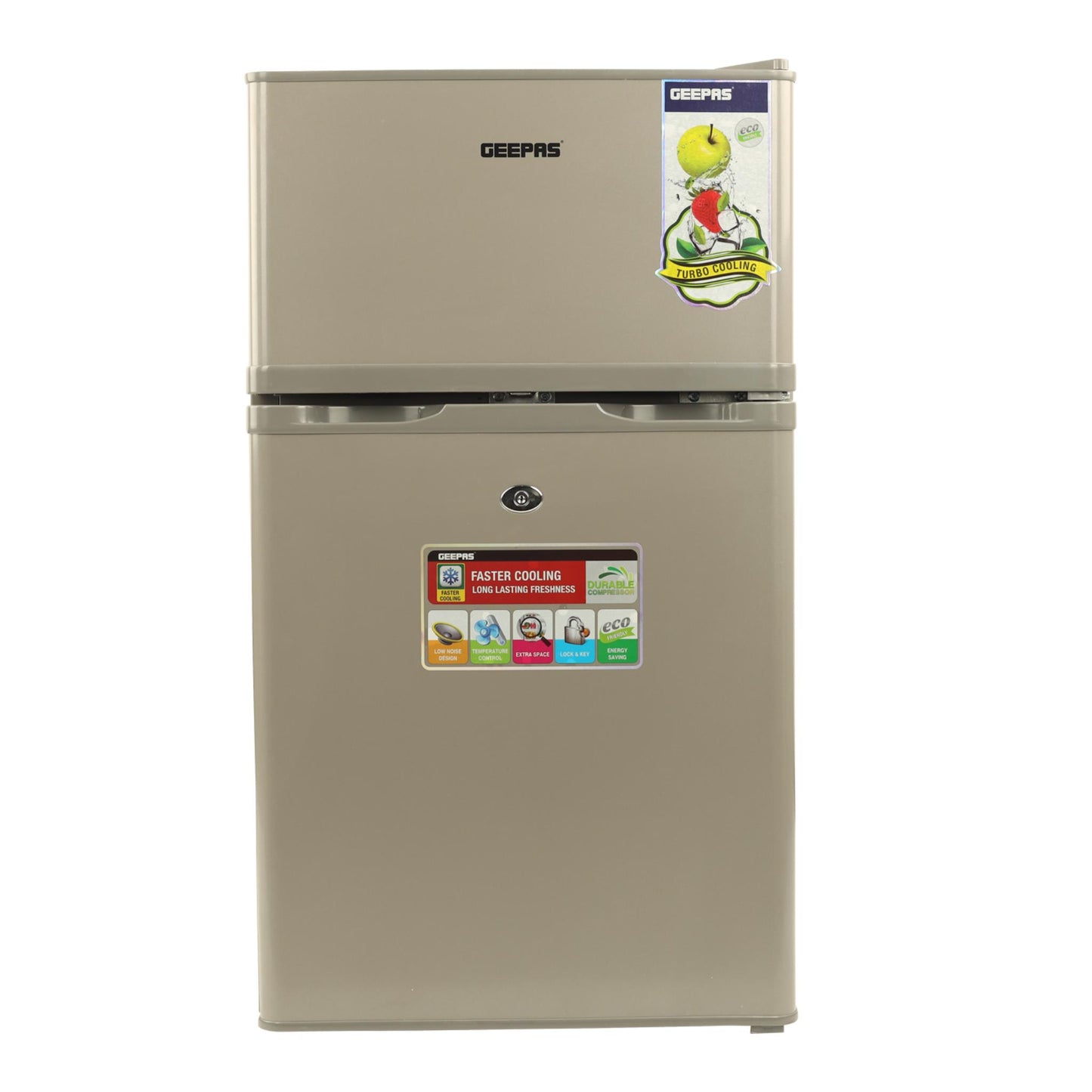 Geepas 84L Double Door Defrost Refrigerator – GRF1259GPE, Rapid Cooling, Tropic Type, CFC-Free, Metallic Grey