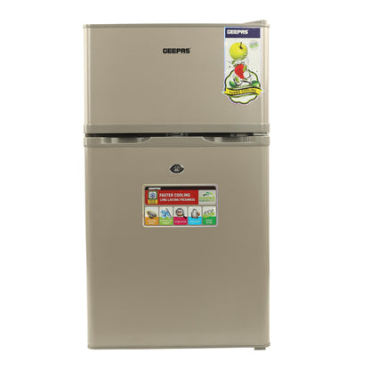Geepas 84L Double Door Defrost Refrigerator – GRF1259GPE, Rapid Cooling, Tropic Type, CFC-Free, Metallic Grey