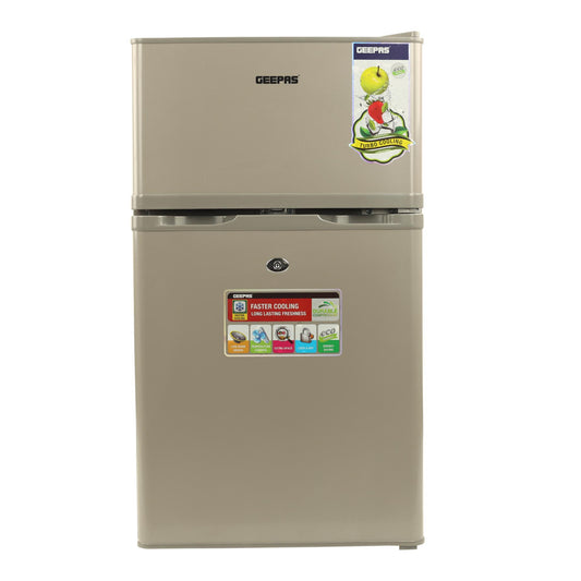 Geepas 84L Double Door Defrost Refrigerator – GRF1259GPE, Rapid Cooling, Tropic Type, CFC-Free, Metallic Grey