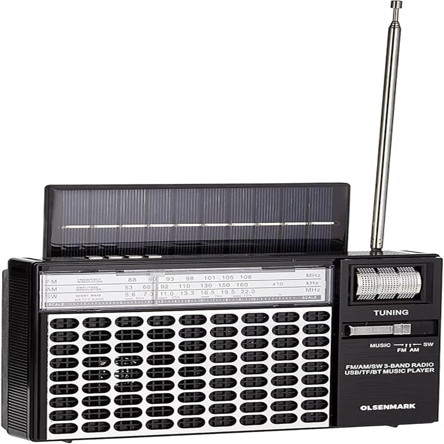 Olsenmark Portable Rechargeable 3-Band Retro Radio with Bluetooth, USB, TF, MP3 Player, Microphone, Karaoke & Solar Charging – OMR1276 – Black