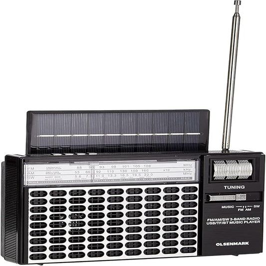 Olsenmark Portable Rechargeable 3-Band Retro Radio with Bluetooth, USB, TF, MP3 Player, Microphone, Karaoke & Solar Charging – OMR1276 – Black