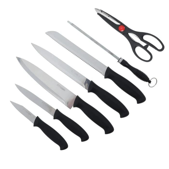 Royalford 8-Piece Kitchen Knives Set | Wooden Block | Scissors and Sharpener| Extra-Sharp Stainless Steel Blades | Premium PP Handles for Home Use Kitchen