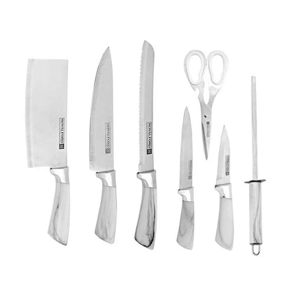 Royalfor 8-Piece Kitchen Knives Set | High-Grade Stainless Steel Blades| Stylish Marble Finish Handles| Rotating Stand | Scissors & Sharpener Included