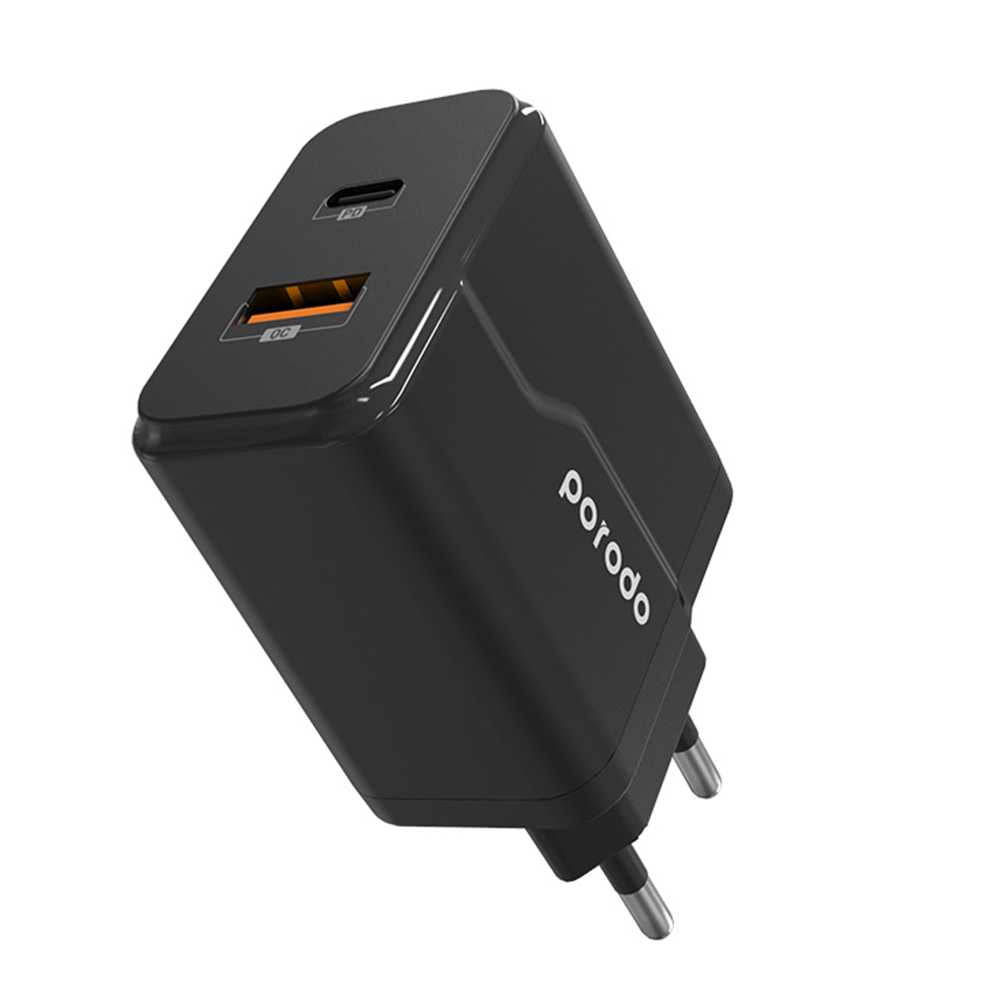 Porodo PD & QC Wall Charger 18W EU Includes Braided Type-C To Lightning PD Cable PD-18PDEUL-BK