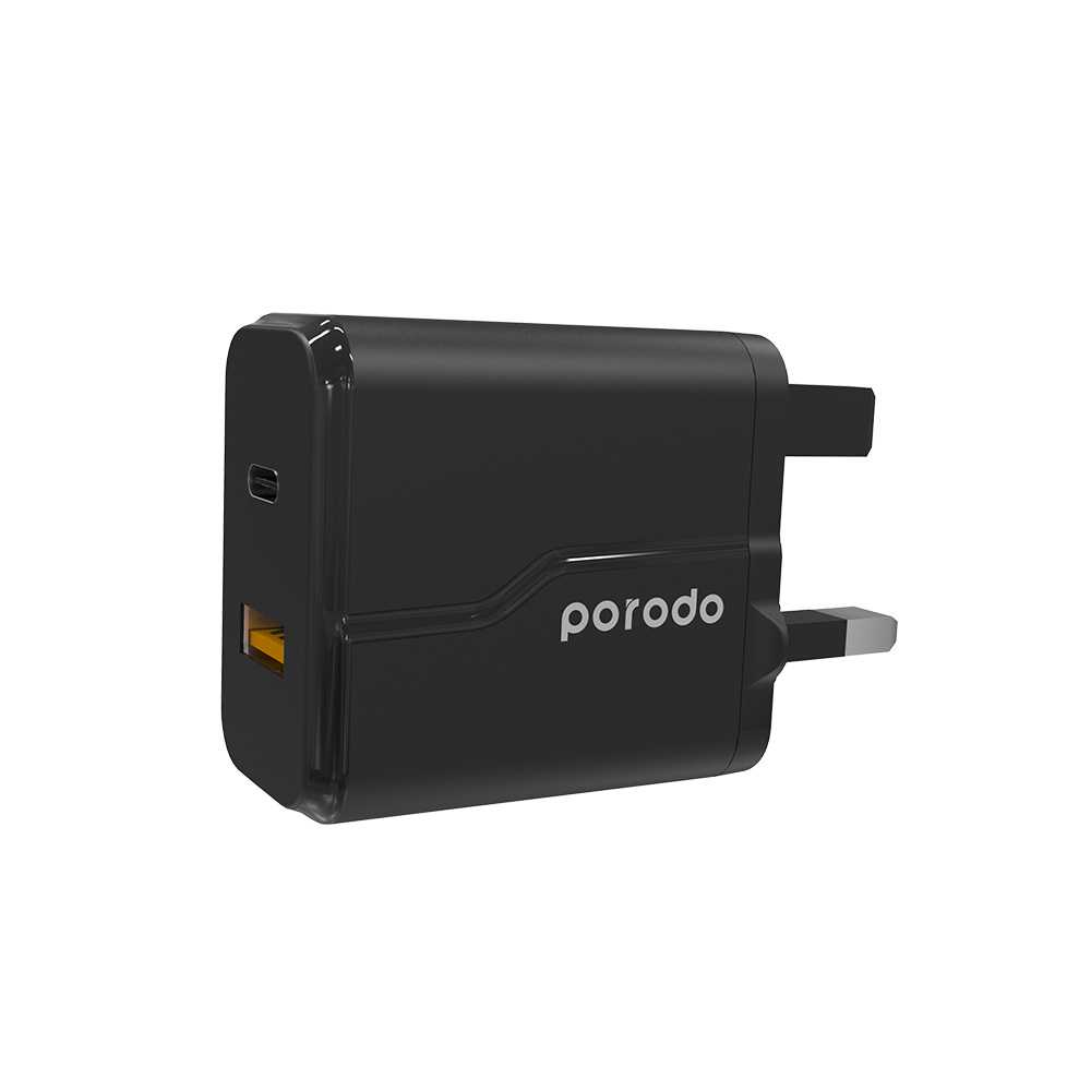 Porodo PD & QC Wall Charger 18W Charge 0%-60% in 30 Minutes PD-18PDUK-BK