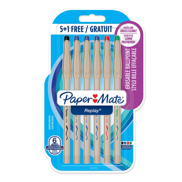 Paper Mate Replay Erasable Ball Pen Medium Tip 1.0mm - Assorted Standard Colours (Pack of 5+1)