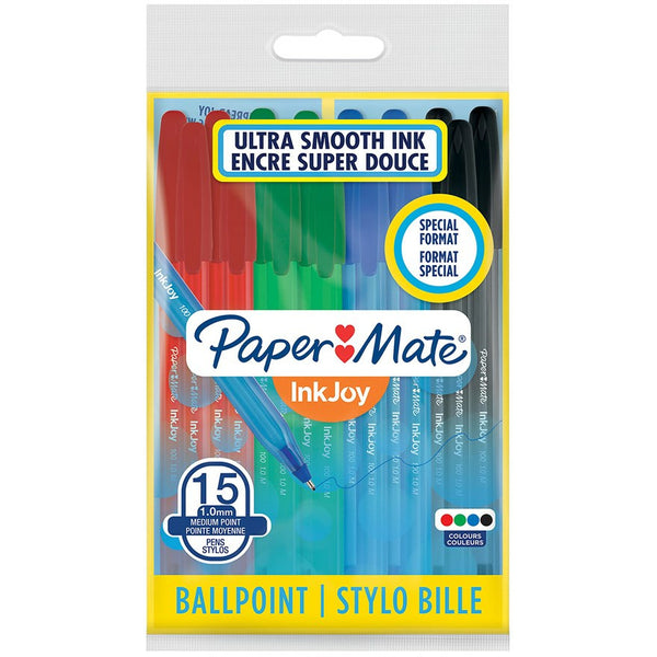 Paper Mate InkJoy 100 Capped Ball Pen 1.0 mm Medium Tip Pack of 15 Assorted Standard