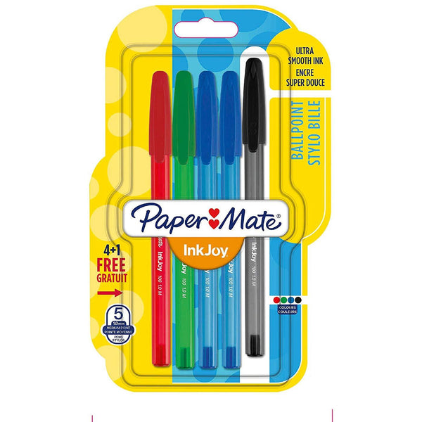 Paper Mate InkJoy 100 Capped Ball Pen with 1.0 mm Medium Tip - Assorted Standard Colours, Pack of 4 + 1