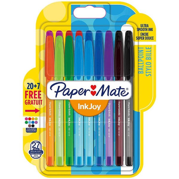 Paper Mate InkJoy 100 Capped Ball Pen with 1.0 mm Medium Tip - Assorted Fun Colours, Pack of 20 + 7