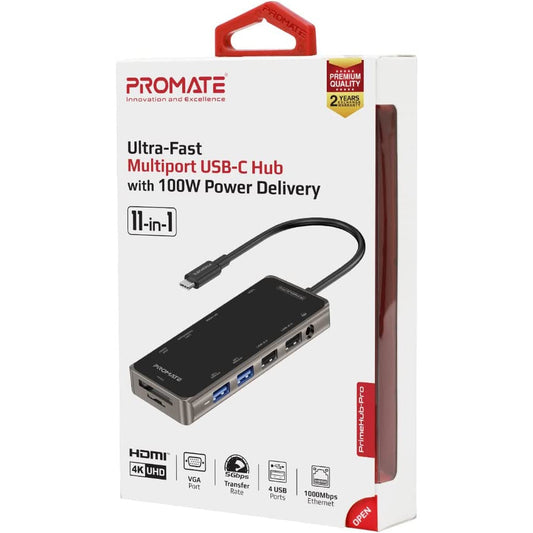 Promate PrimeHub-Pro 11 In 1 Type-C Adapter 100W USB-C Power Delivery 4K HDMI, VGA Port, RJ45 Port, AUX, TF/SD Card Slot & 4 USB