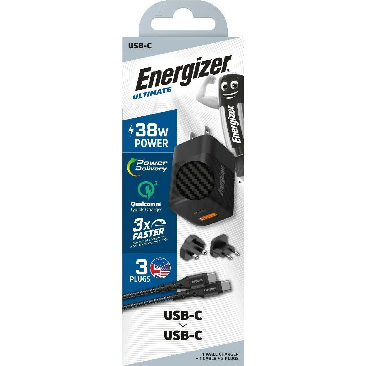 Energizer USB-C Cable & USB-C / USB-A Wall Adapter 38W