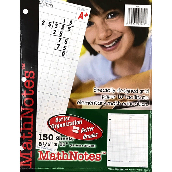 Pacon MathNotes Practice Sheet Grid Paper 8.5"x11" - Pack of 150 Sheets